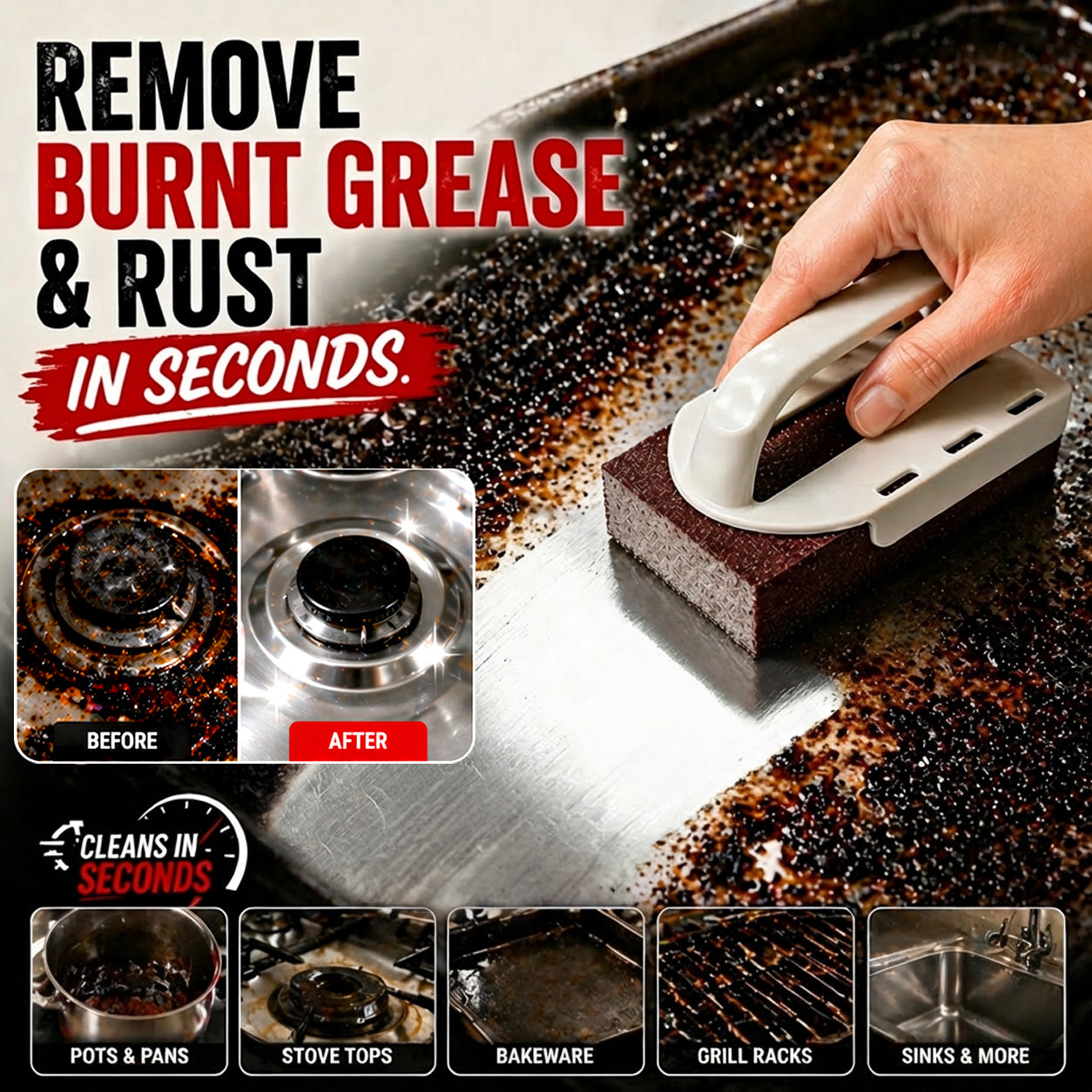 Ajaxfit™🧽🔥2026 HOT SALE🍳Emery Sponge Scrubber – Removes burnt grease & rust instantly. Flexible & durable, ergonomic handle. A heavy-duty cleaning essential. 🍳✨