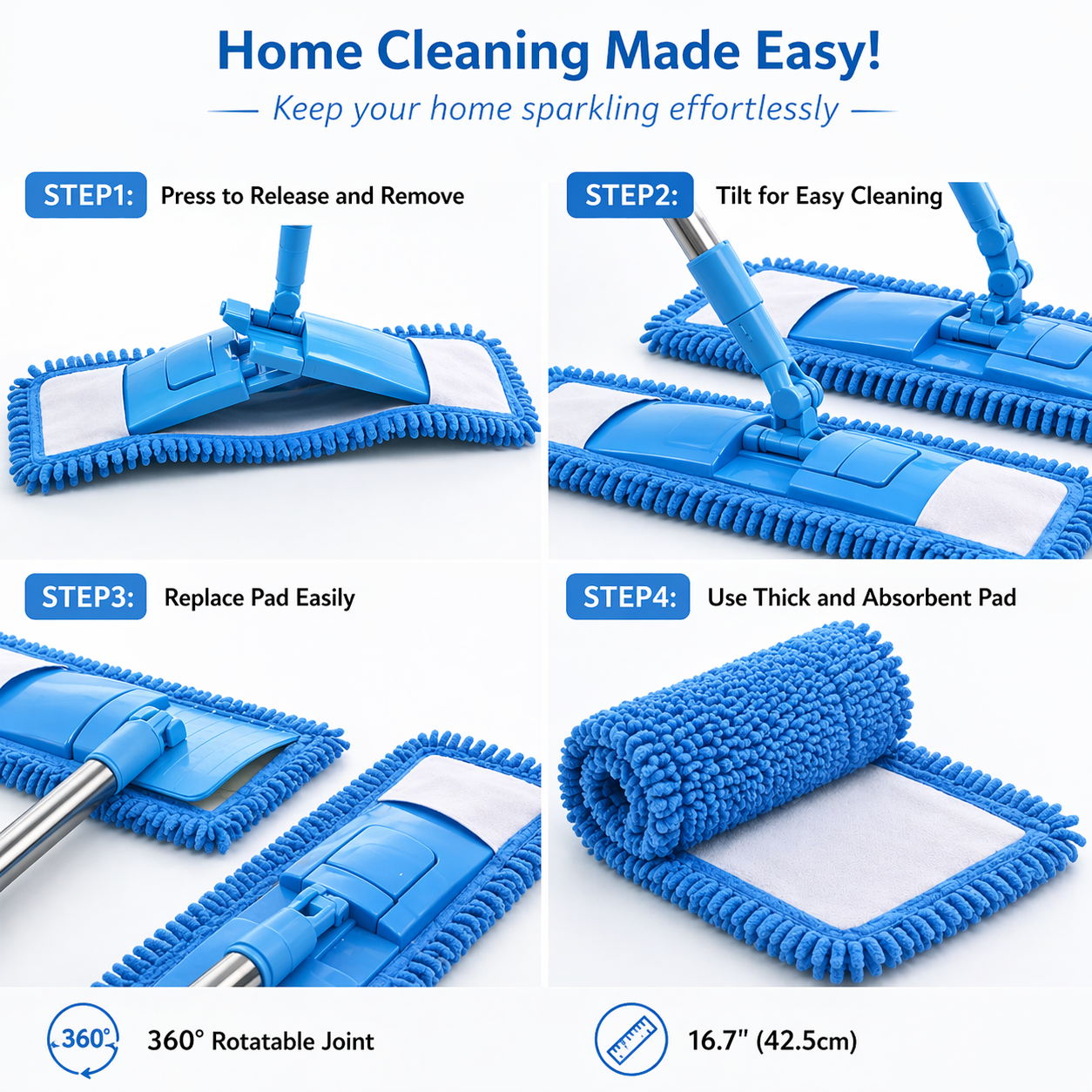 Ajaxfit™ Detachable Coral Fleece Flat Mop with Stainless Steel Handle