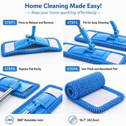 Ajaxfit™ Detachable Coral Fleece Flat Mop with Stainless Steel Handle